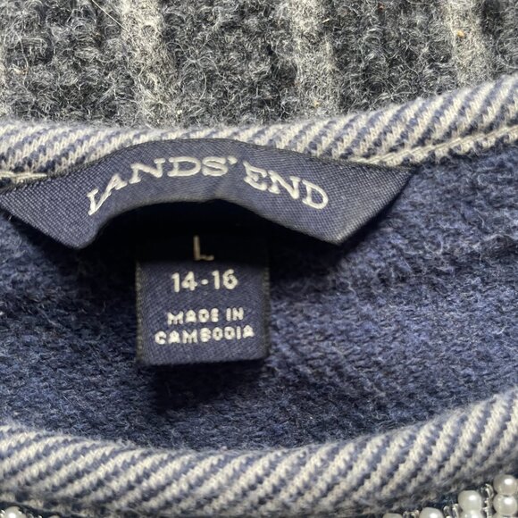 Land's End Cotton Beaded Sweater Size XL 14-16 Navy Chevron Pattern - Picture 4 of 7